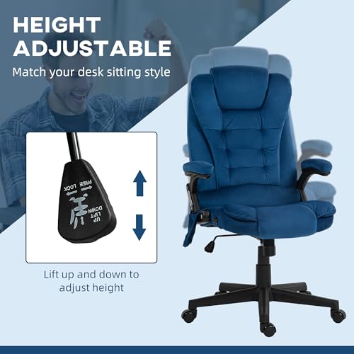 HOMCOM Executive Office Chair 6 Points Vibration Massage Velvet Drak Blue | Heated Lumbar Support, High Back Computer Chair, Reclining Backrest, Tilt Function, Padded Armrests - color: Drak Blue