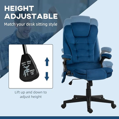 HOMCOM Executive Office Chair 6 Points Vibration Massage Velvet Drak Blue | Heated Lumbar Support, High Back Computer Chair, Reclining Backrest, Tilt Function, Padded Armrests - color: Drak Blue