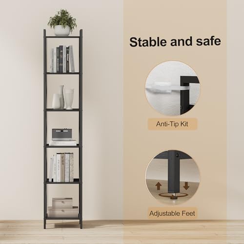 Homhedy 6 Tier Small Bookshelf, Tall Narrow Bookcase, Metal Book Shelf | Industrial Style for Small Spaces, Home, Office, Living Room, Kitchen, Bedroom , 10.4" D x 13" W x 67.4" H, Black - color: Black, size: 10.4"D x 13"W x 67.4"H