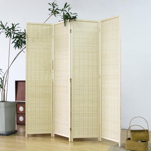 Furnnylane 4 Panel Bamboo Room Divider - 5.6 ft Tall Folding Privacy Screen, Natural Beige Freestanding Partition Wall for Home Office & Room Separation (67" H x 61.4" W) - color: Beige, size: 4 Panel