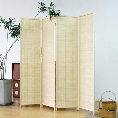 Furnnylane 4 Panel Bamboo Room Divider - 5.6 ft Tall Folding Privacy Screen, Natural Beige Freestanding Partition Wall for Home Office & Room Separation (67" H x 61.4" W) - color: Beige, size: 4 Panel