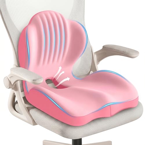 Ergonomic Lumbar & Seat Support Cushion | 2-in-1 Memory Foam Cushion with Coccyx Hollow Design for Office Chair, Car Seat, Home Use - Relieves Back & Hip Pain (Pink) - color: Pink