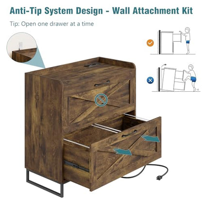 Vabches 2 Drawer Lateral File Cabinet with Charging Station, Rustic Brown - color: Brown