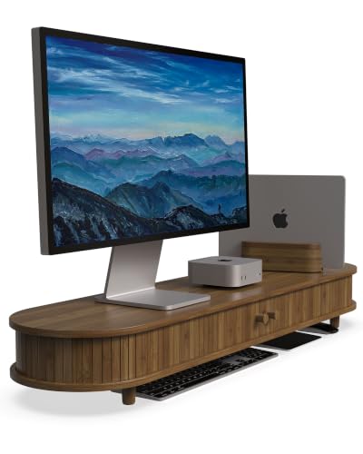 42 Inch Curved Dual Monitor Stand Riser with Storage Desk Shelf | Double Computer Stand with Sliding Doors for 55-72 Inch Cozy Workplace Computer Setup Desk Organizer Toasted Bamboo Color - color: Toasted Bamboo, size: 42 inch