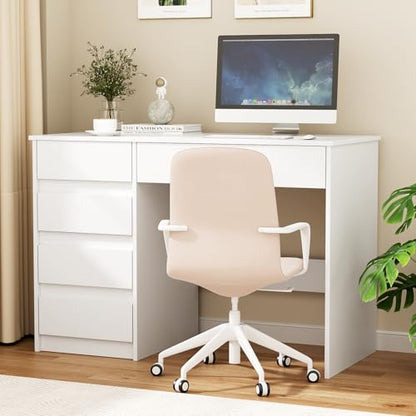 VOWNER Computer Desk with 5 Drawers, Home Office Desk with Storage, Modern Simple Laptop Desk for Working, Study (White)