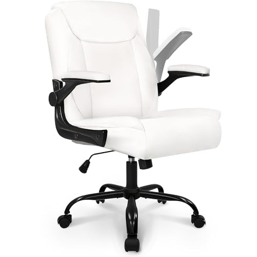 NEO CHAIR PU Leather Office Desk Chair with Adjustable Arms, White | Ergonomic Mid Back Computer Desk Chair Comfy with Wheels Swivel Rolling for Home Office Gaming Study - color: White