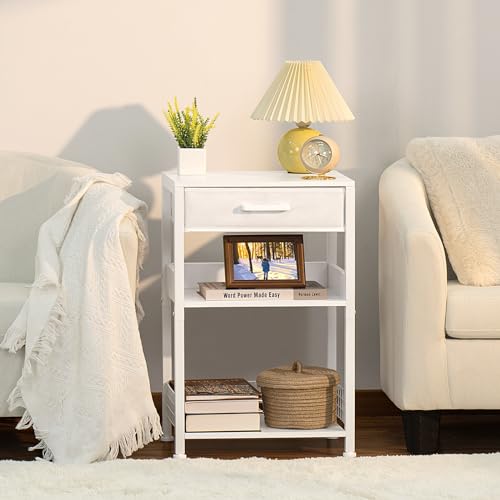 Lerliuo Printer Stand with Storage,3 Tier Home Office Organizer with Fabric Drawer,Industrial Style Printer Table for Printer, Scanner, Paper and Office Supplies - color: White