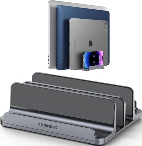 YICOSUN 4-Slot Aluminum Vertical Laptop Stand for Desk - Adjustable Width Dock for MacBook, Surface, Samsung, HP, Dell up to 17.3 inches - Space-Saving & Protective Design - Gray - color: Gray, size: 4-Slot