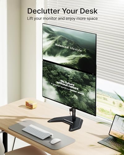 monTEK Freestanding Stacked Dual Monitor Stand for 17-32", 22 lbs Each | Solid V-shaped base, vertical dual-screen full-motion arms, height adjustment, tilt, swivel, rotation and VESA 75/100 - size: Dual Monitor
