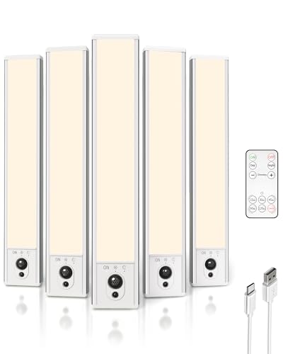 EZVALO 5-Pack Under Cabinet Lighting, 2400mAh Motion Sensor Light, LED Closet Lights Wireless, 3000K Dimmable, Timer, Magnetic, with Remote Control for Kitchen, Closet, Stair - color: Warm White
