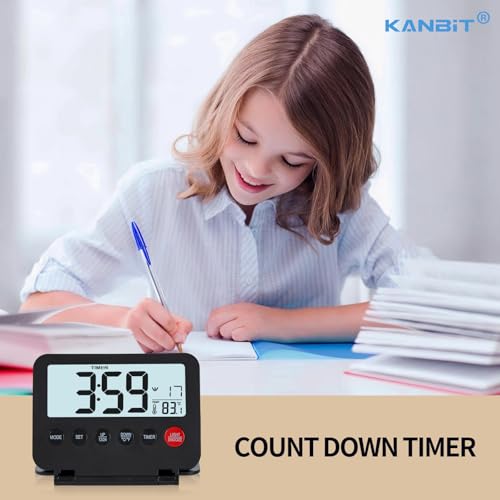 KANBIT Small Digital Travel Alarm Clock, Large LCD Display Front Button with Date & Temperature, Snooze and 8 Seconds Backlight AAA Battery Operated Desk Clock for Home & Office, Black - color: Black