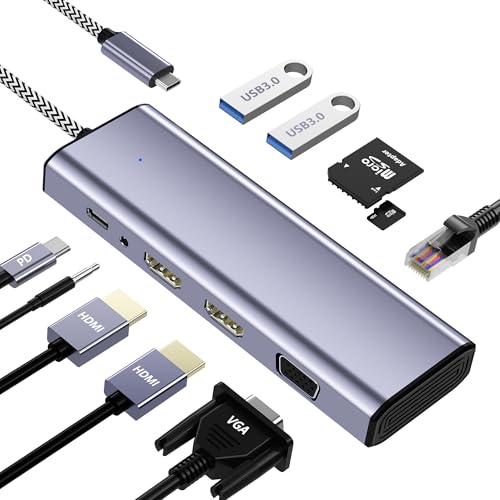 Docking Station Dual Monitor, USB C to Dual HDMI Adapter, 10 in 1 Laptop Docking Station 3 Monitors with HDMI/VGA/PD/Ethernet/USB/SD/TF/3.5mm Audio