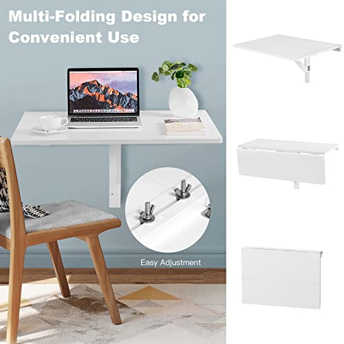 COSTWAY Wall Mounted Folding Table, 31.5" x 23.5" Drop-Leaf Floating Writing Desk for Small Spaces, Space-Saving Fold Down Laptop Workstation for Kitchen, Bedroom, Laundry Room, Study Room (White) - color: White