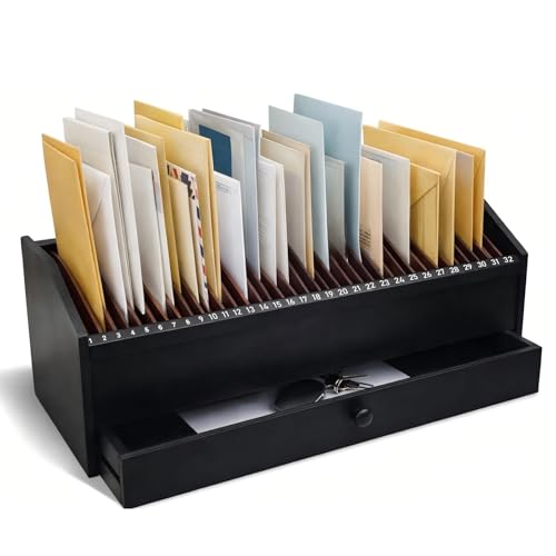 Wood Desktop Organizer with Drawer, 17 Inch 32 Section Bill & Mail & File Organizer Storage for Office Desk, Desktop Mail Holder and Office Supplies Storage, Letter and Paper Sorter(Black) - color: Black
