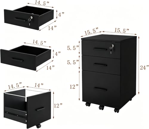 Lockable 3-Drawer Mobile Filing Cabinet with Wheels, Heavy-Duty Vertical Under Desk Storage & Printer Stand, Compatible with A4, Letter, Legal Size Hanging Files Home Office Use (Black) - color: Black