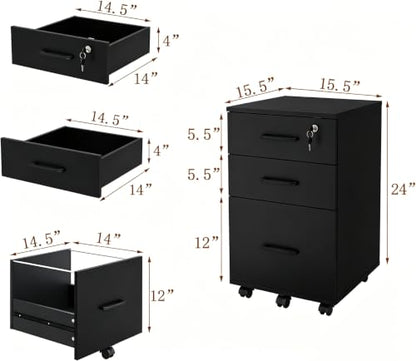 Lockable 3-Drawer Mobile Filing Cabinet with Wheels, Heavy-Duty Vertical Under Desk Storage & Printer Stand, Compatible with A4, Letter, Legal Size Hanging Files Home Office Use (Black) - color: Black