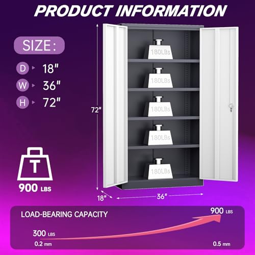 Superday Metal Storage Cabinets, 72" Storage Cabinet with Locking Door, Tall Garage Cabinet with 2 Doors and 4 Adjustable Shelves for Home Office, Classroom, Easy Assemble(White Grey) - color: White Grey, size: 72" Storage Cabinet