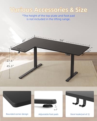 YIHAYO Reversiable L-Shaped Electric Standing Desk, 59 Inches Stand Up Corner Desk, Sit and Stand Up for Work Office Home, Ergonomic Rising Computer Table with Splice Board, Black - color: Black Frame/Black Top, size: 59*40 Inch