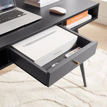 Desk with USB Ports and Power Outlet, Writing Study Desk with Drawers, Multifunctional Home Office Computer Desk Black
