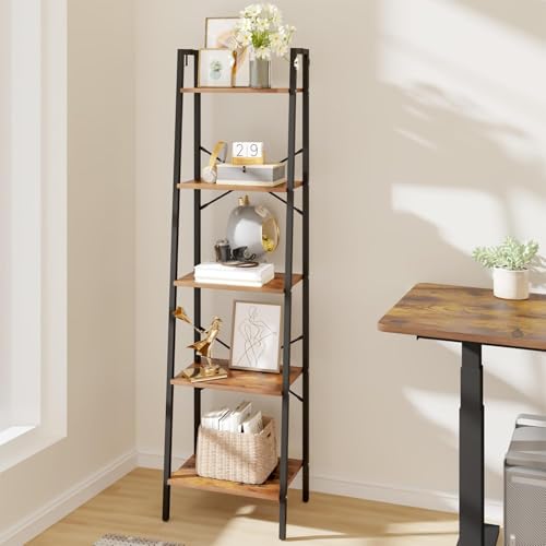 Hzuaneri Ladder Shelf, Bookshelf, Freestanding Corner Storage Shelf | Bookcase with 2 Hooks for Office, Living Room, Kitchen, Bedroom, Industrial, 11.8"D x 17.3"W x 63"H, Rustic Brown BC19201B - color: Rustic Brown, size: 11.8"D x 17.3"W x 63"H