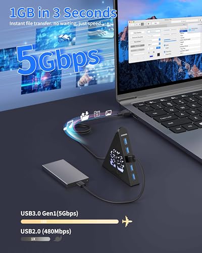 7-Port USB 3.0 Hub, Vertical USB Hub Splitter with RGB Lighting, 5Gbps High-Speed Data Transfer and 2FT Extension Cable, Compatible with Laptop, PC, Desktop, MacBook, PS5, Xbox, Flash Drive - color: 2-Tree Black