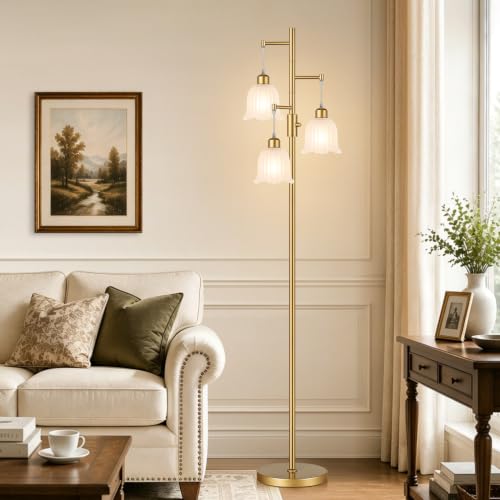 Dimmable Floor Lamp, 3 x 900LM Edison Bulbs Included, Modern Gold Tree Standing Lamp with Elegant Frosted Glass Flower Shade 3 Light Vintage Floor Lamp for Living Room, Bedroom, Office