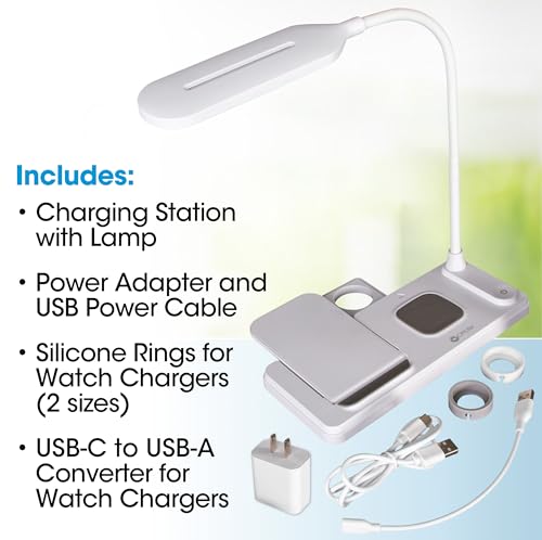 OttLite LED Desk Lamp with Multi-Device Wireless Charging Station, White | Smartwatch Charging Stand | 3 Color Temperature Modes | Flexible Neck | ClearSun LEDs Reduce Eyestrain
