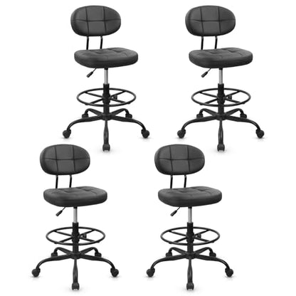 Drafting Stool with Backrest, Tall Adjustable Height Office Chair, PU Leather Swivel Rolling Stool with Footrest & Wheels for Standing Desk, Bar, Salon, Spa, Lab, Counter, Home, Black，4PK - color: Black With Backrest, size: 4PK