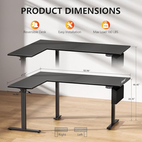Korfile 63" L Shaped Standing Desk Height Adjustable Memory Presets Black - color: Black