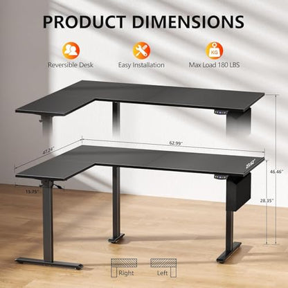 Korfile 63" L Shaped Standing Desk Height Adjustable Memory Presets Black - color: Black