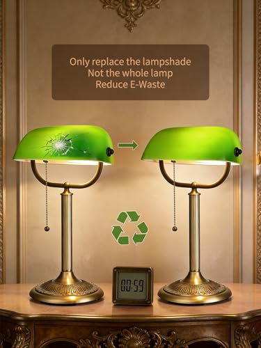 1-Minute Quick-Change Shade Classic Green Glass Bankers Desk Lamp | Study Office Library, LED Bulb Included - color: Green