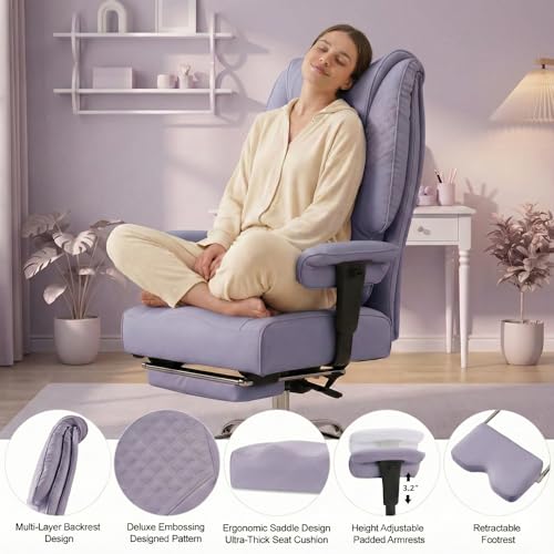 EXCEBET Big and Tall Office Chair 400lbs Wide Seat, Leather High Back Executive Office Chair with Foot Rest, Ergonomic Chairs Lumbar Support for Lower Back Pain Relief (Light Purple) - color: Bright Purple