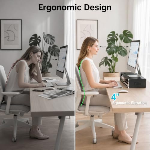 1home Monitor Stand Riser, 16.7 Inch Wood Monitor Riser Stand with Storage Organizer, Desktop Ergonomic Monitor Stand Riser with Cellphone Holder and Cable Management, Black | 16.7 Inch Wood Monitor Riser Stand, Desktop Stand for PC/TV/Laptop/Printer, Bla