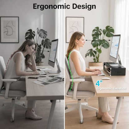 1home Monitor Stand Riser, 16.7 Inch Wood Monitor Riser Stand with Storage Organizer, Desktop Ergonomic Monitor Stand Riser with Cellphone Holder and Cable Management, Black | 16.7 Inch Wood Monitor Riser Stand, Desktop Stand for PC/TV/Laptop/Printer, Bla