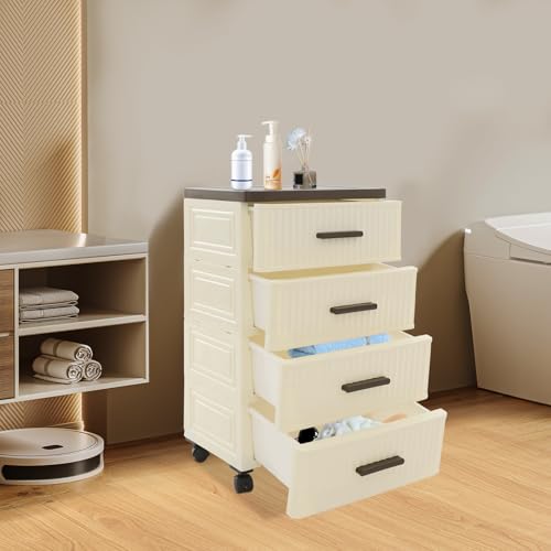 4 Tier Storage Cabinet With Wheels, PP Drawer Organizer Unit, Rolling Slim Storage Cart, Modern Nightstand, 2 Brakes, 22.4in, for Bedroom, Kitchen, Bathroom, Living Room (Creamy Yellow, Brown)