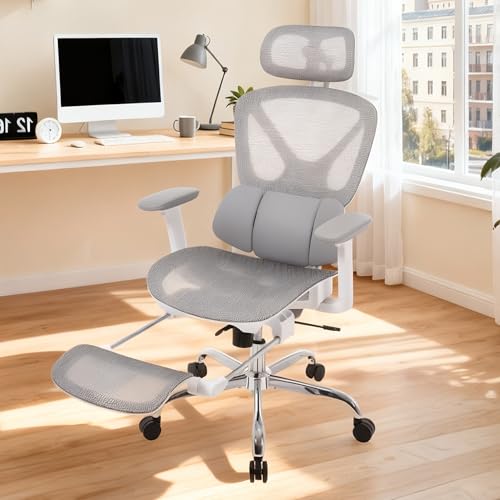 LuxErgo High Back Ergonomic Mesh Office Chair, Home Desk Chair with Adjustable Lumbar Support Foot Rest, 3D Headrest and Armrests, 350lbs Big and Tall High Back Reclining Gaming Chair, Gray - color: Grey