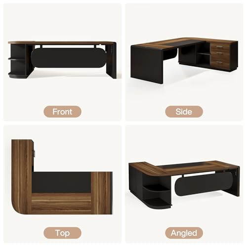 Tribesigns 81-Inch L-Shaped Office Desk, Large Commercial Office Desk with Drawers and File Cabinet, Modern Professional Business Furniture Workstations with Storage Shelves, Brown & Black - color: Brown & Black