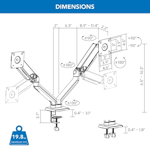 Mount-It! Dual Monitor Mount, 17-32", 19.8 lbs Each | Full motion spring arms with tilt/swivel/rotate, VESA 75x75 & 100x100, desk mount.