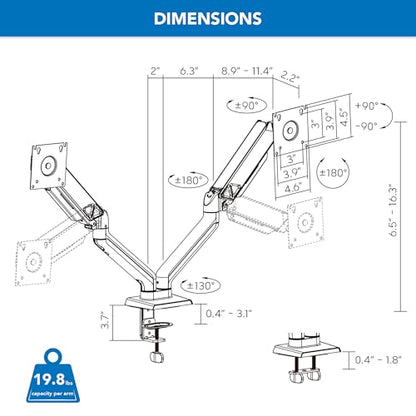 Mount-It! Dual Monitor Mount, 17-32", 19.8 lbs Each | Full motion spring arms with tilt/swivel/rotate, VESA 75x75 & 100x100, desk mount.