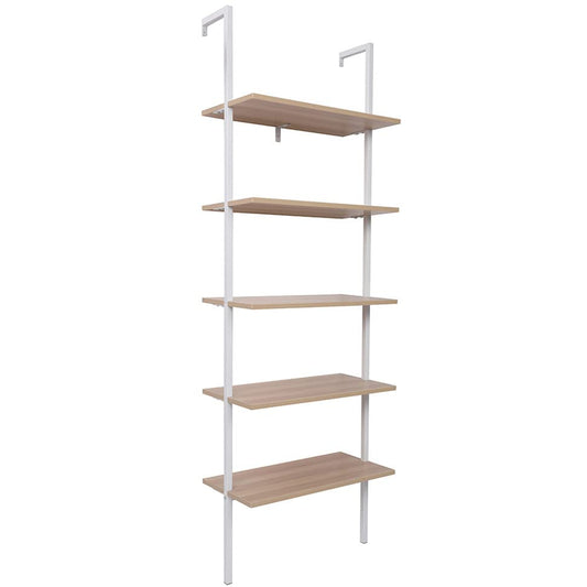 Ladder Shelf Bookshelf, 5-Tier Industrial Bookshelf with Metal Frame and Wood Board, Wall Mounted Bookcase Open Shelf Organizer for Living Room,Home Office, Bedroom, Oak&White - color: Oak & White