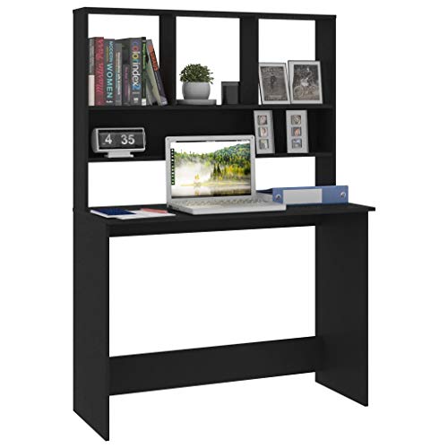 Desk with Shelves, Black Engineered Wood Small Space Desk, 43.3x17.7x61.8 Inches, Vertical Design with Split Levels for Folders, Documents, and PC Equipment - color: Black