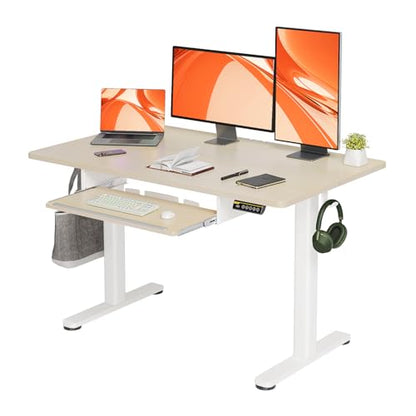 Claiks Electric Standing Desk 48x24 Inches with Keyboard Tray Natural | Splice board, 28.3-46.5 inch height range, 3 memory presets, 45dB quiet motor, 176LBS capacity, sturdy steel frame - color: Nature
