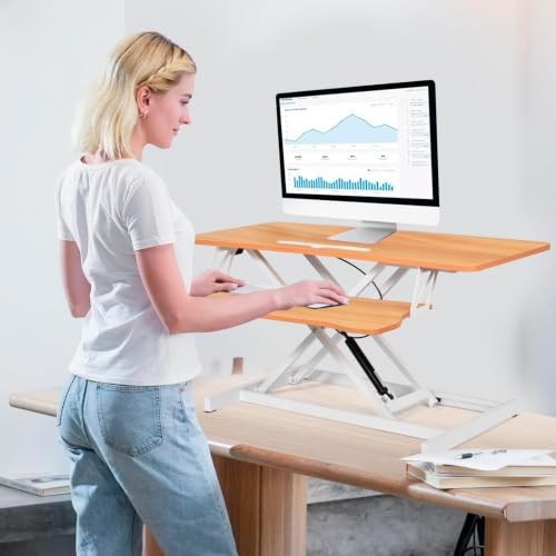 37" Desk Converter, Height Adjustable Stand Up Desk Converter, 2 Monitor Standing, Sit to Stand, Quick Sit to Tabletop, Riser Workstation with Wide Keyboard Tray - color: Log Color