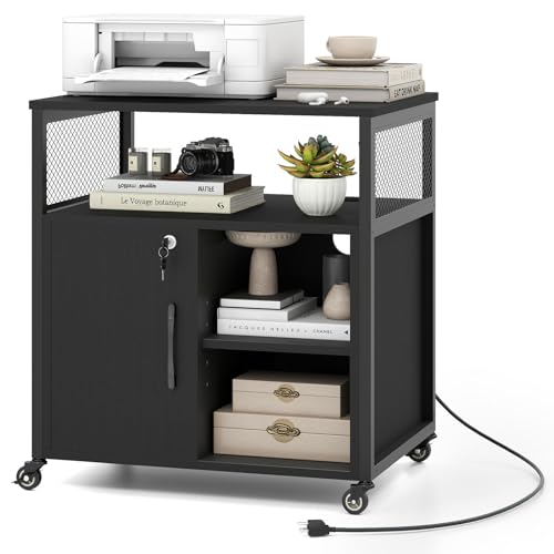 Giantex File Cabinet, Lateral Filing Cabinet with Lock, Wheels, Charging Station, Cable Hole, Lockable Side Cabinet, Adjustable Shelves, Metal Frame, Printer Stand for Home Office Small Space (Black) - color: Black