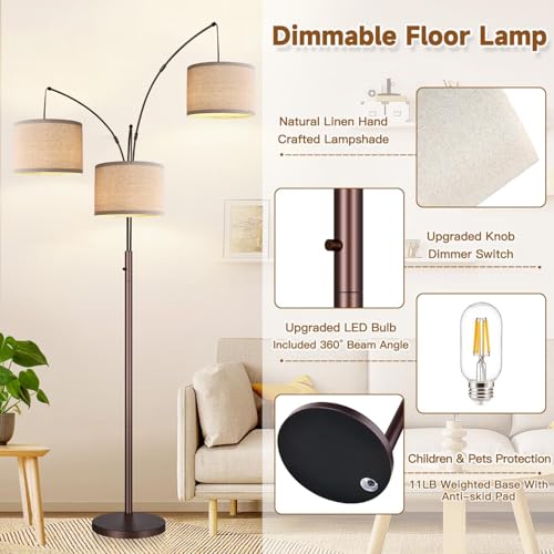 Dimmable Floor Lamp, 3 Lights Brown Arc Floor Lamp, Modern Tall Standing Tree Lamp with Beige Linen Shades & Heavy Base, 3000LM LED Bulbs, Bright Lighting for Living Room, Bedroom, Office & Reading - color: Brown-Beige Linen Shade