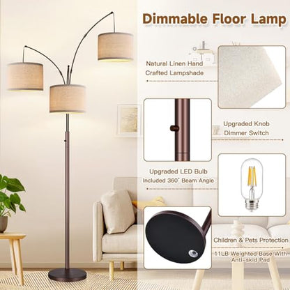 Dimmable Floor Lamp, 3 Lights Brown Arc Floor Lamp, Modern Tall Standing Tree Lamp with Beige Linen Shades & Heavy Base, 3000LM LED Bulbs, Bright Lighting for Living Room, Bedroom, Office & Reading - color: Brown-Beige Linen Shade