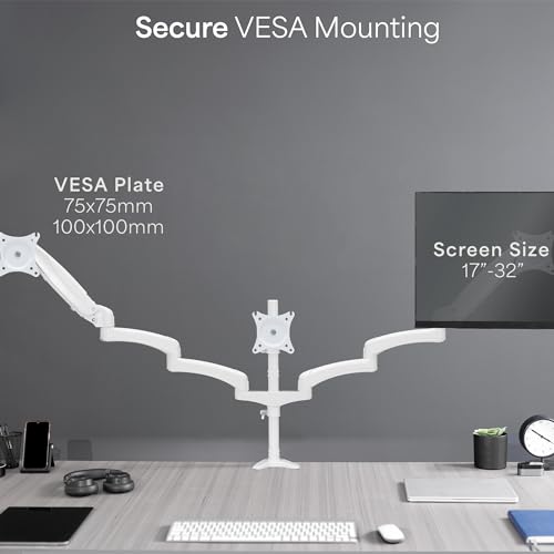 VIVO 17 to 32 inch Triple Pneumatic Monitor Mount, 2 Pneumatic Arms, 1 Fixed, Adjustable Swivel, Rotation, Heavy Duty VESA Desk Stand with C-clamp, Max VESA 100x100, White, STAND-V300GW - color: White, size: Triple Mount