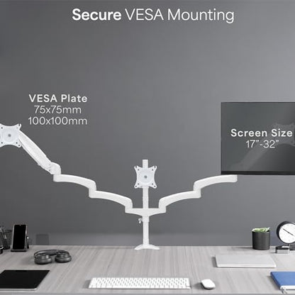VIVO 17 to 32 inch Triple Pneumatic Monitor Mount, 2 Pneumatic Arms, 1 Fixed, Adjustable Swivel, Rotation, Heavy Duty VESA Desk Stand with C-clamp, Max VESA 100x100, White, STAND-V300GW - color: White, size: Triple Mount