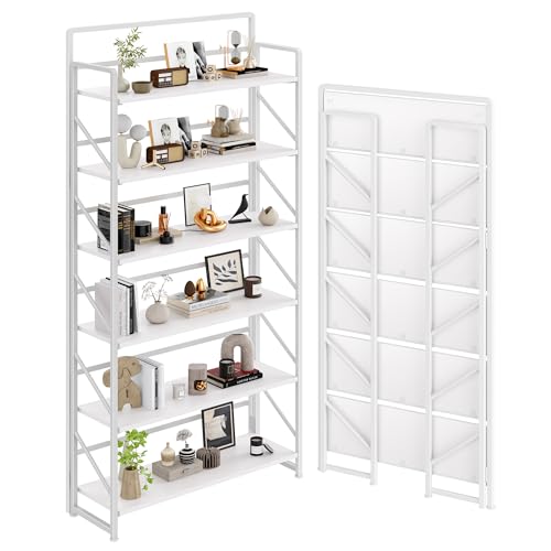 JSB 6 Tier No Assembly Folding Bookshelf, 30.3" Wide Foldable Storage Bookcase for Home Office, Space-Saving Storage Shelf for Living Room (All White) - color: All White, size: Wide 6-Tier