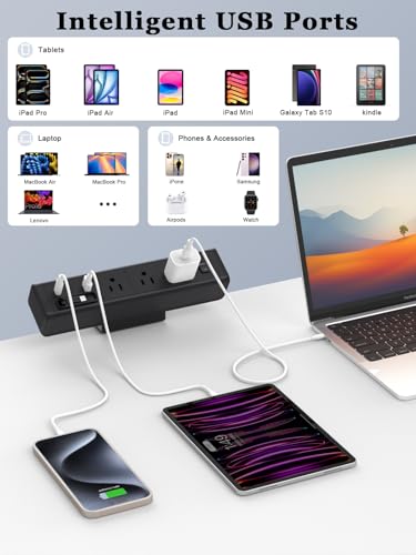 Desk Clamp Power Strip Built-In1 Retractable USB C Cables, USB Ports Black - color: Black